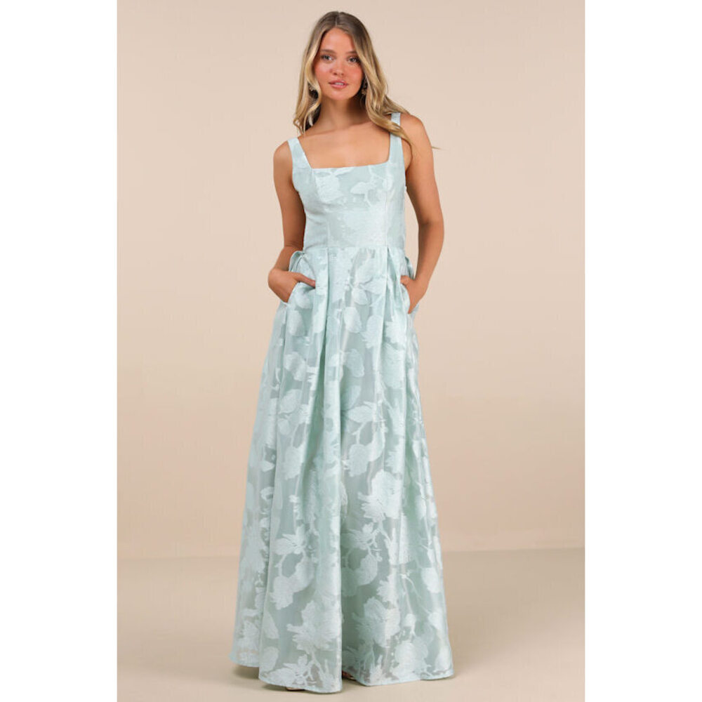 Lulus Perfected Aura Sage Jacquard Tie-back Maxi Dress With Pockets Green
